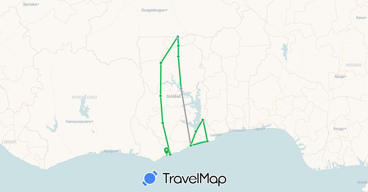TravelMap itinerary: driving, bus, plane, cycling in Burkina Faso, Ghana (Africa)